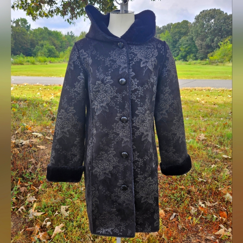 Dennis Basso Madison Avenue Jaquard Floral Print Faux Shearling Coat Hood Black